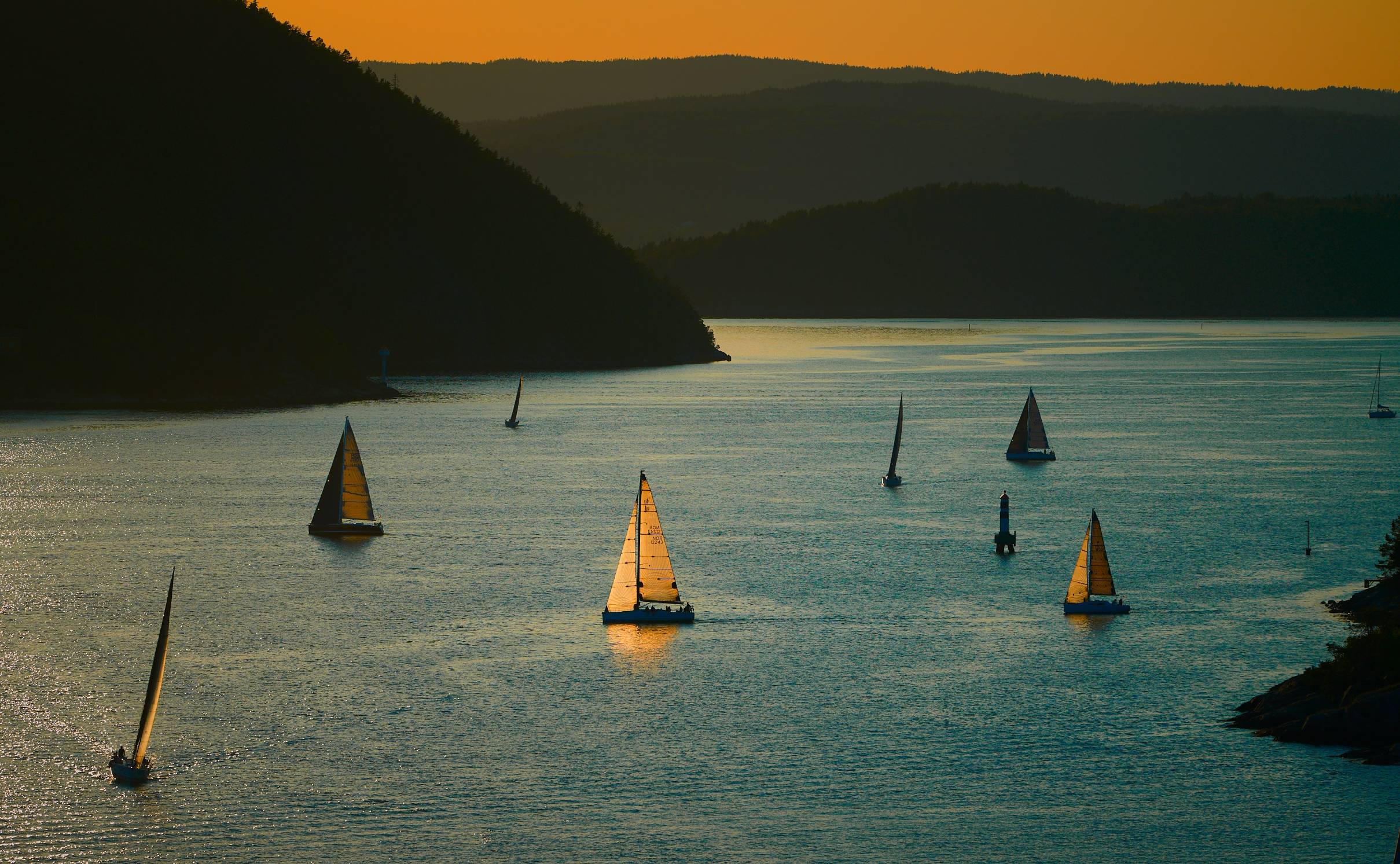 a group of sailboats floating on top of a large body of water